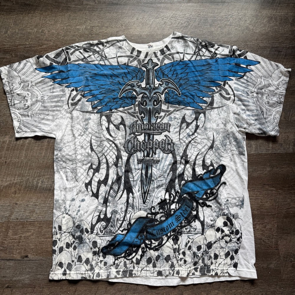 Vintage American Chopper Shirt 2XL White Motorcycle‎ Biker Grunge Thrashed Y2K